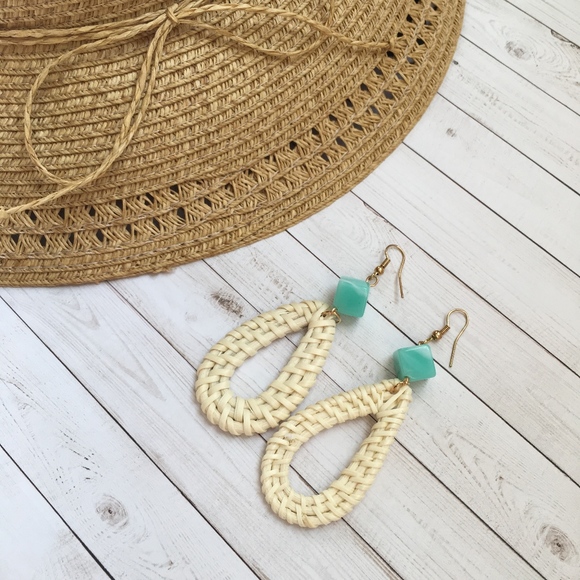 Woven Rattan Aqua Beach Dangle Earrings - Picture 3 of 4